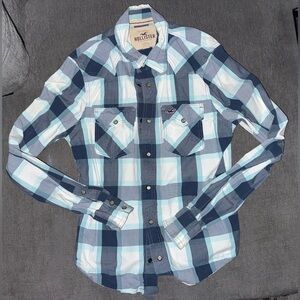 Vintage Hollister Men's Navy and White Checkered Shirt